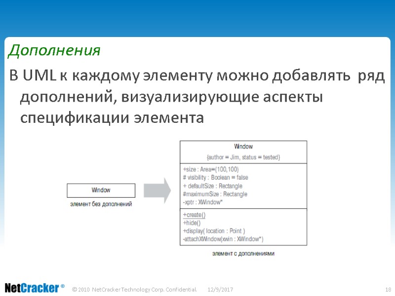 Дополнения В UML к каждому элементу можно добавлять  ряд дополнений, визуализирующие аспекты спецификации
